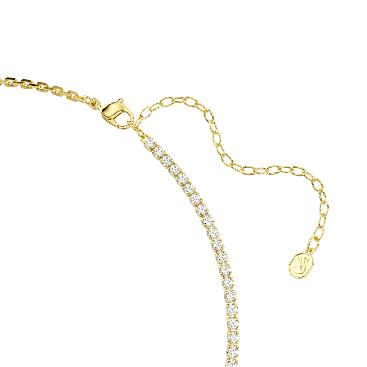 A close-up of the Swarovski Matrix necklace in white with round-cut stones and an 18K gold finish, featuring an adjustable clasp and a small gold tag at the end engraved with a hand symbol, set against a plain white background.