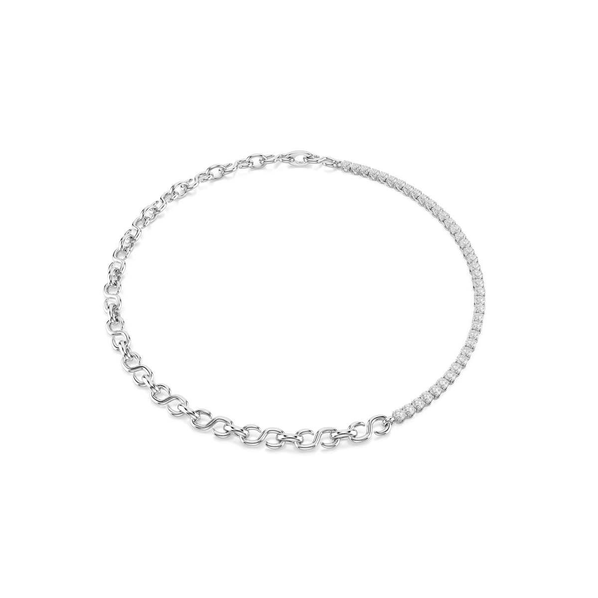A Swarovski Matrix necklace, S-shaped with round-cut Swarovski Zirconia stones and a rhodium-plated chain, is elegantly displayed on a plain white background.