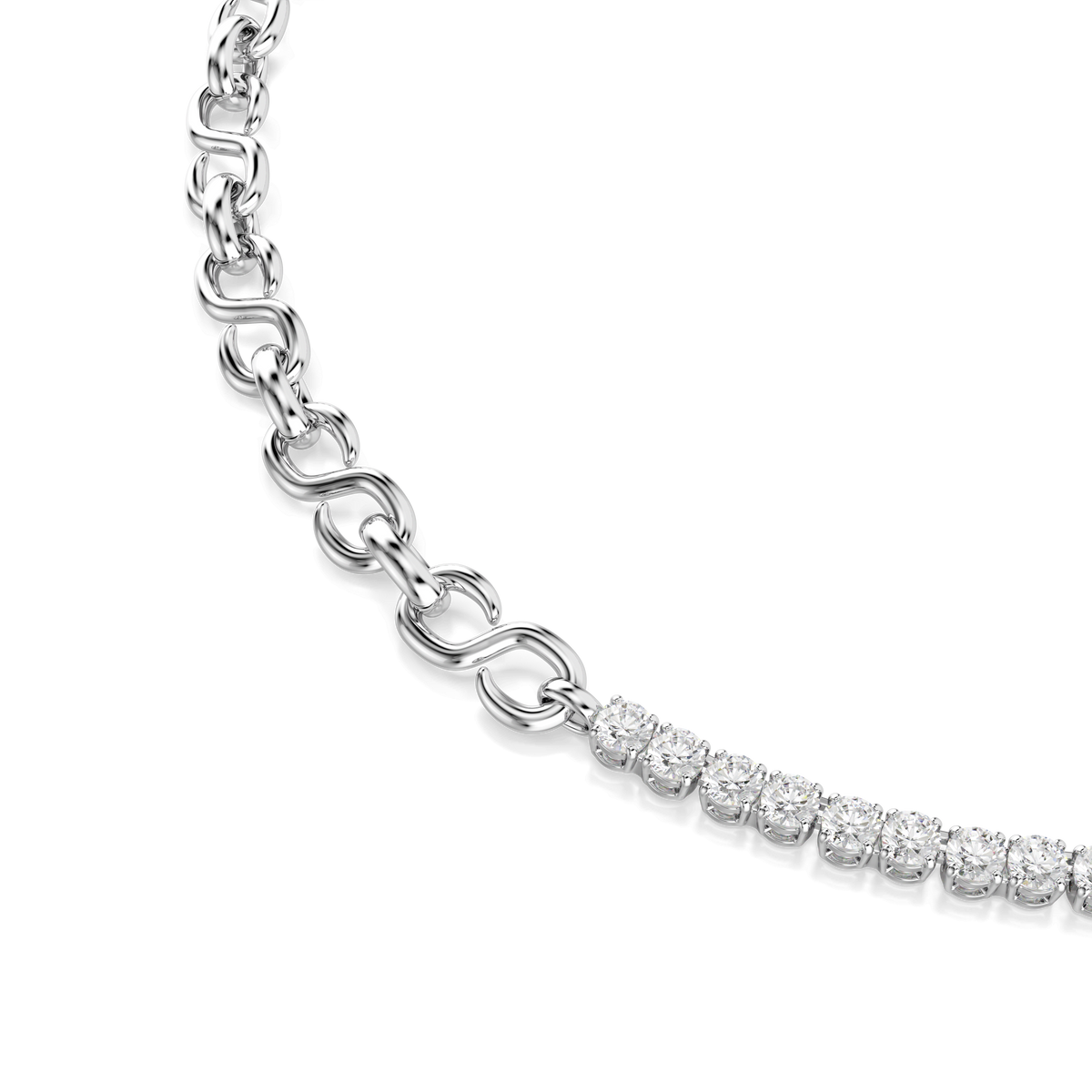 A close-up of the Swarovski Matrix necklace by Swarovski, showcasing an S-shape design adorned with round-cut white Swarovski Zirconia, set in rhodium plating and attached to a chain with large silver links, displayed on a white background.