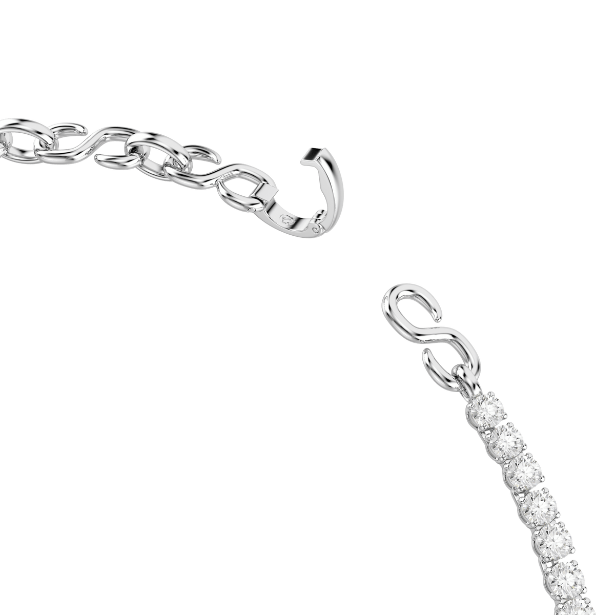 Close-up of the Swarovski Matrix necklace’s silver-toned clasp and chain, with one end adorned by a row of sparkling, round-cut white Swarovski Zirconia set in an elegant S-shape and the other end featuring a simple rhodium-plated metal loop for fastening.