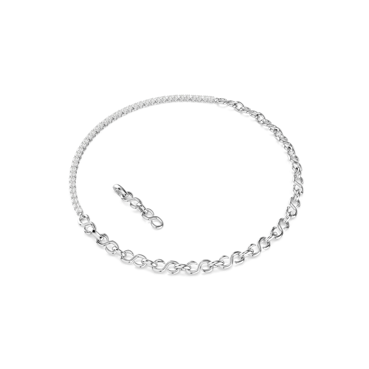 The Swarovski Matrix necklace features a distinctive S-shaped design with one half showcasing closely set round-cut Swarovski Zirconia stones, while the other half is a sleek rhodium-plated chain. This elegant piece from Swarovski secures with a lobster clasp closure.