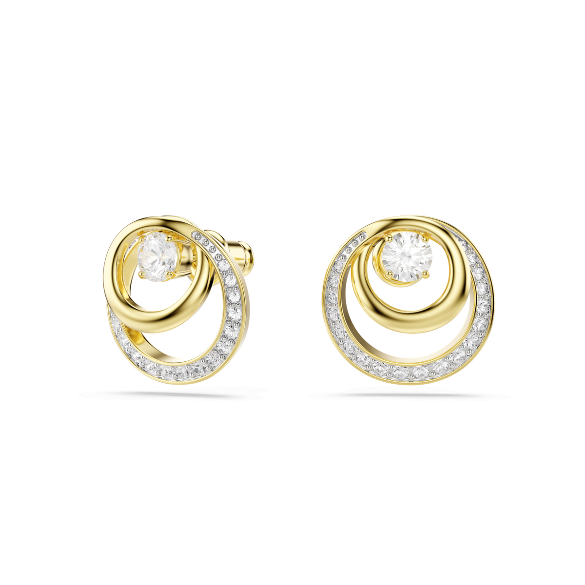 Swarovski Hyperbola stud earrings feature interlocking circular loops with a radiant 18K gold finish, each adorned with sparkling small crystals and a central round-cut white Swarovski stone. These modern and elegant earrings by Swarovski are showcased against a white background.