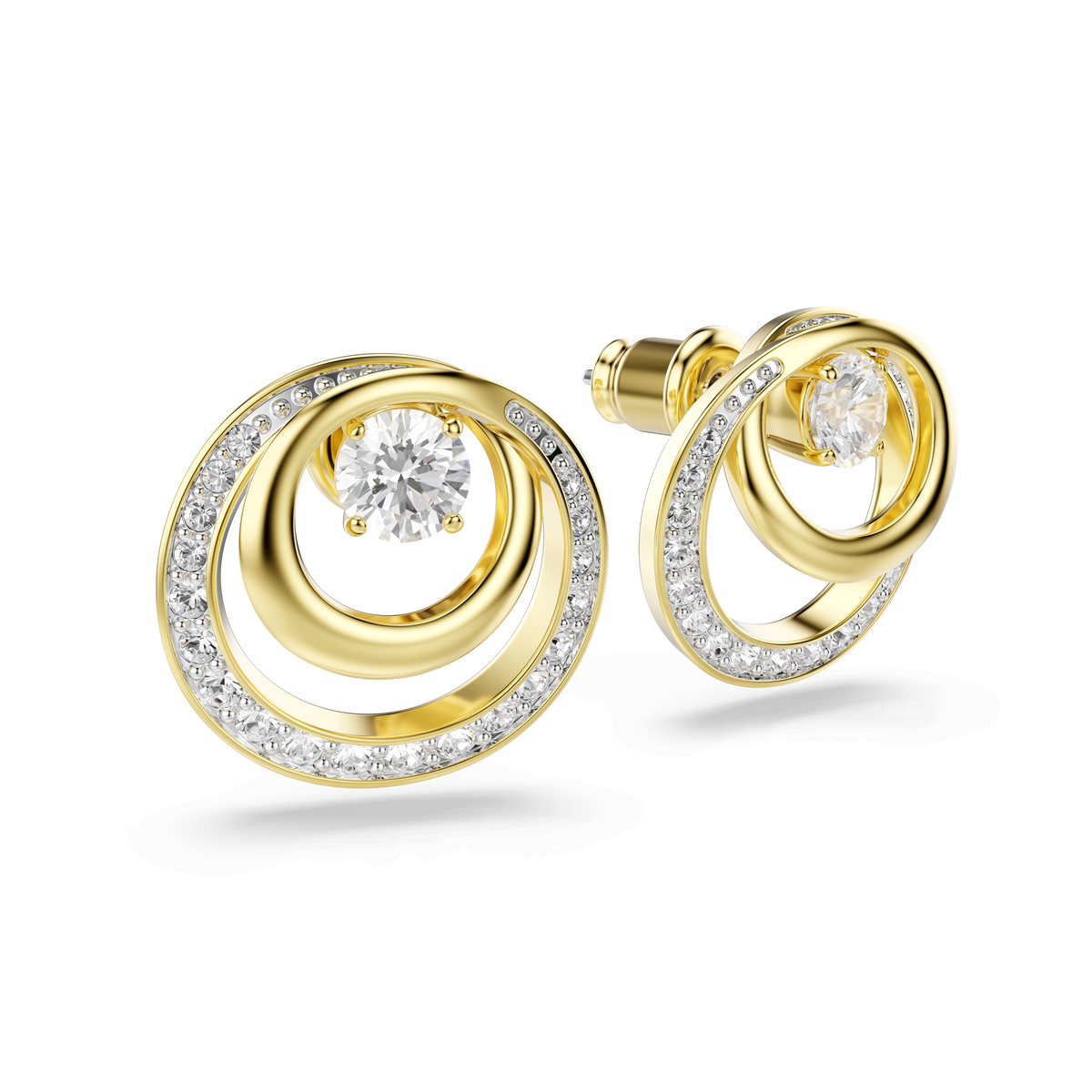 Swarovski Hyperbola stud earrings with a round cut and clear stones, featuring an 18K gold finish and central white Swarovski Zirconia accented by smaller clear stones along the outer edge, shown on a white background.