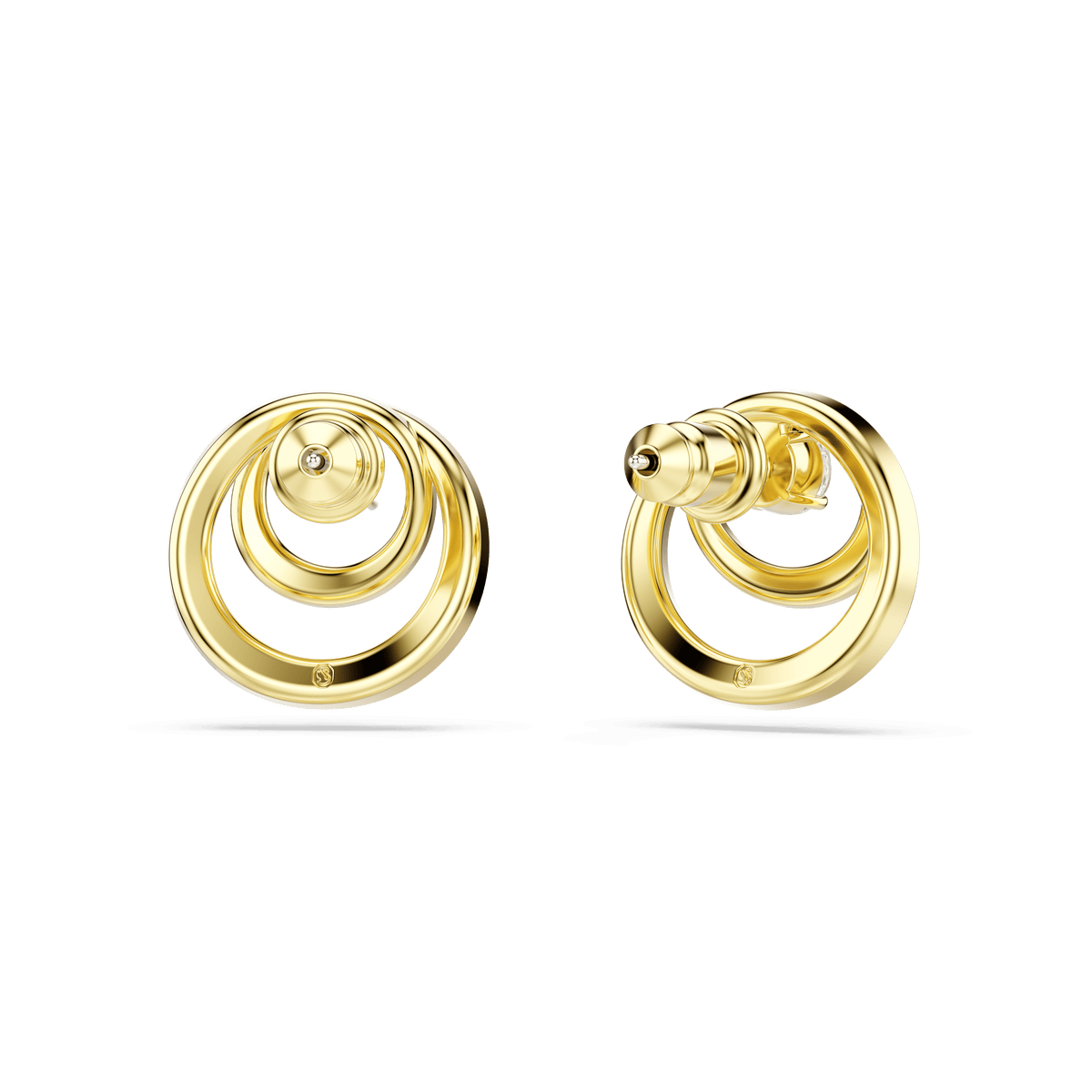 Introducing the Swarovski Hyperbola stud earrings, expertly crafted with a round cut and dazzling Swarovski Zirconia in a lustrous 18K gold finish. These elegant earrings from Swarovski feature interlocking circular loops with a polished shine, beautifully showcased against a plain white background.