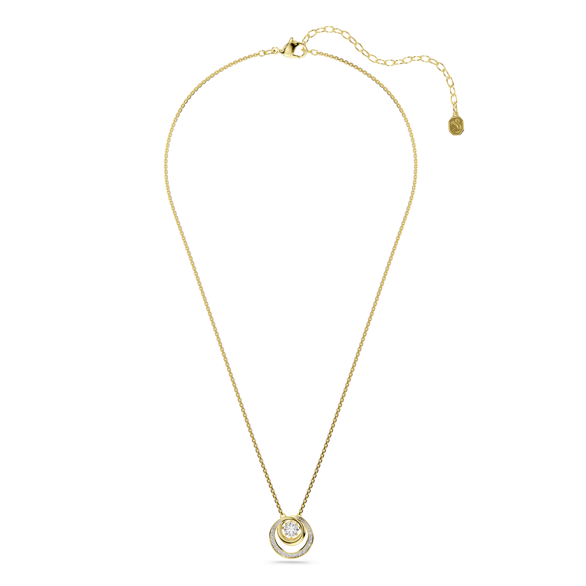 Swarovski Hyperbola pendant necklace in an 18K gold finish, featuring a round-cut white crystal centerpiece that appears to “dance” with movement, is displayed on a plain white background. The elegant design includes an adjustable clasp and a small tag at the end of the chain, showcasing Swarovski craftsmanship.