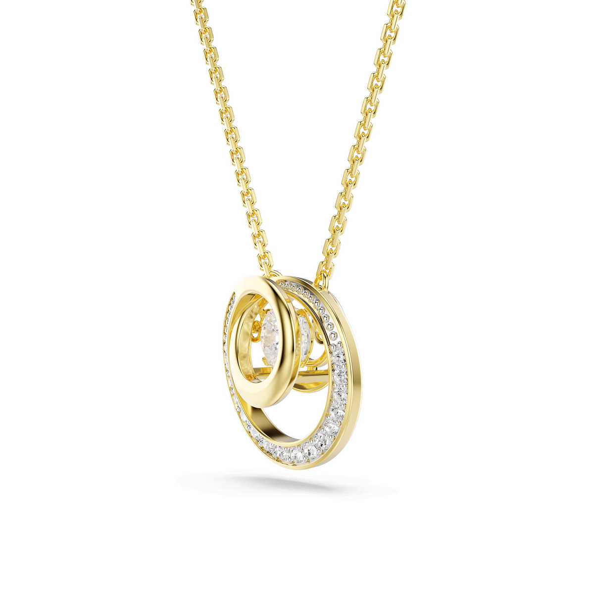 The Swarovski Hyperbola pendant features two intertwined circular pendants—one plain and one embellished with sparkling round-cut white stones evoking a dancing stone effect—elegantly suspended from a fine chain with an 18K gold finish, shown against a white background.