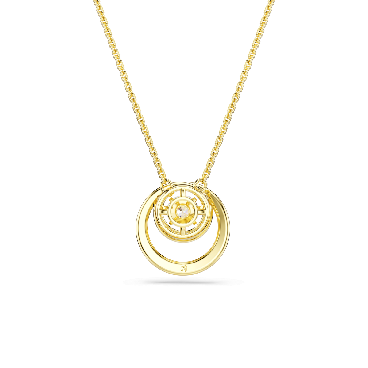 Swarovski Hyperbola pendant necklace in 18K gold finish, showcasing a round-cut white dancing stone gemstone at the center of concentric rings, displayed on a plain white background.