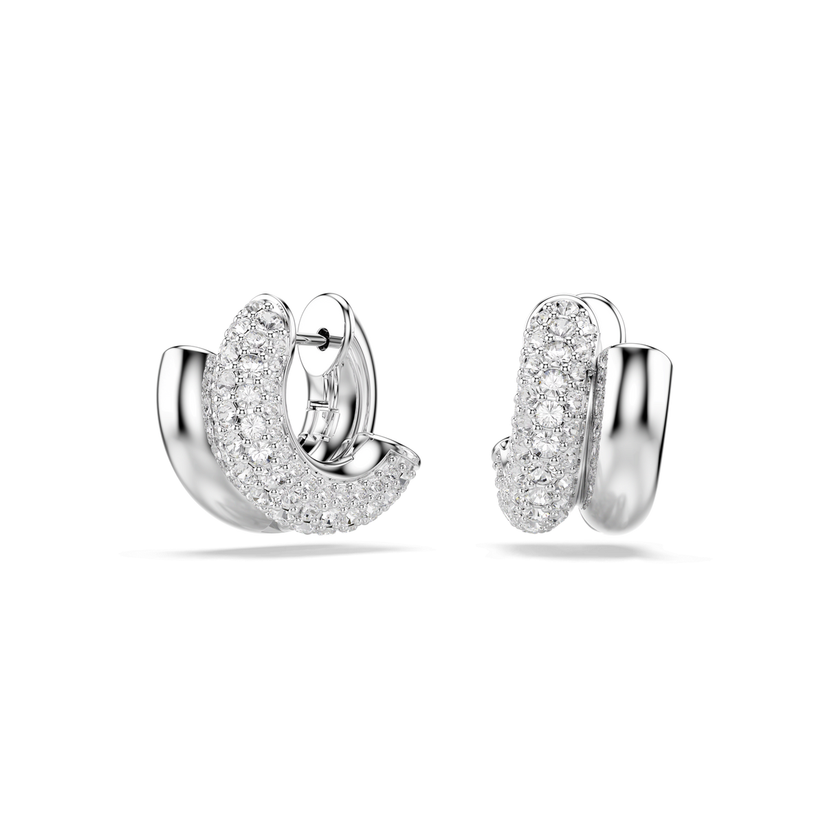 A pair of Swarovski Dextera mini hoop earrings, crafted in rhodium plating and embellished with sparkling round-cut white stones, displayed on a plain white background.