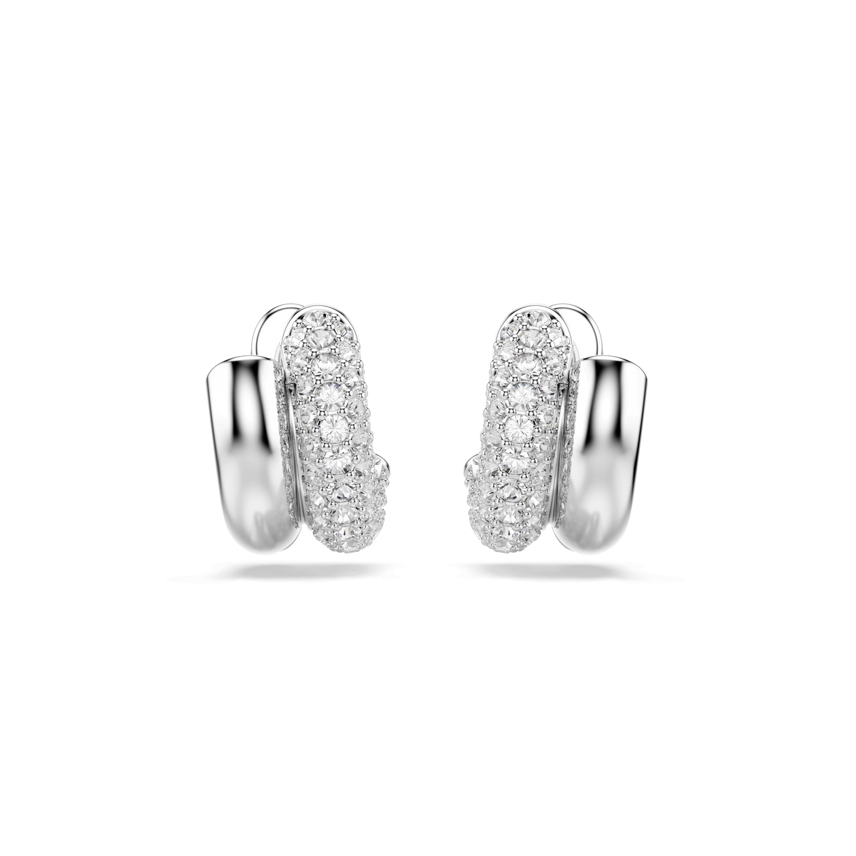 A pair of elegant Swarovski Dextera hoop earrings in a mini, oval-shaped design, crafted with rhodium plating and adorned with multiple sparkling white round-cut crystals, displayed on a plain white background.