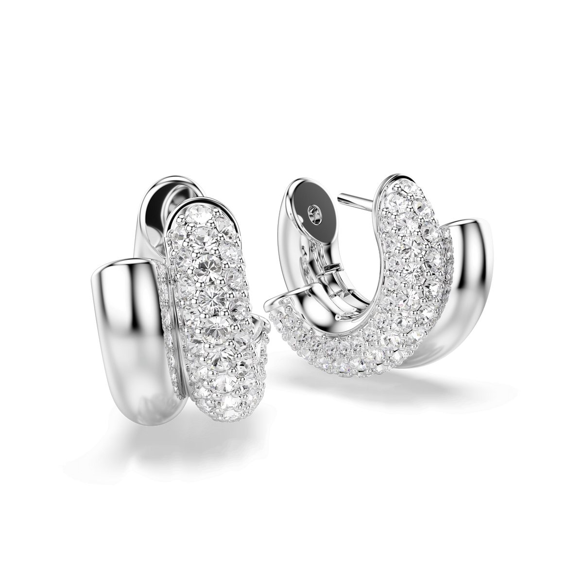 A pair of Swarovski Dextera mini hoop earrings, beautifully rhodium plated and adorned with sparkling round-cut white stones, displayed on a plain light background.