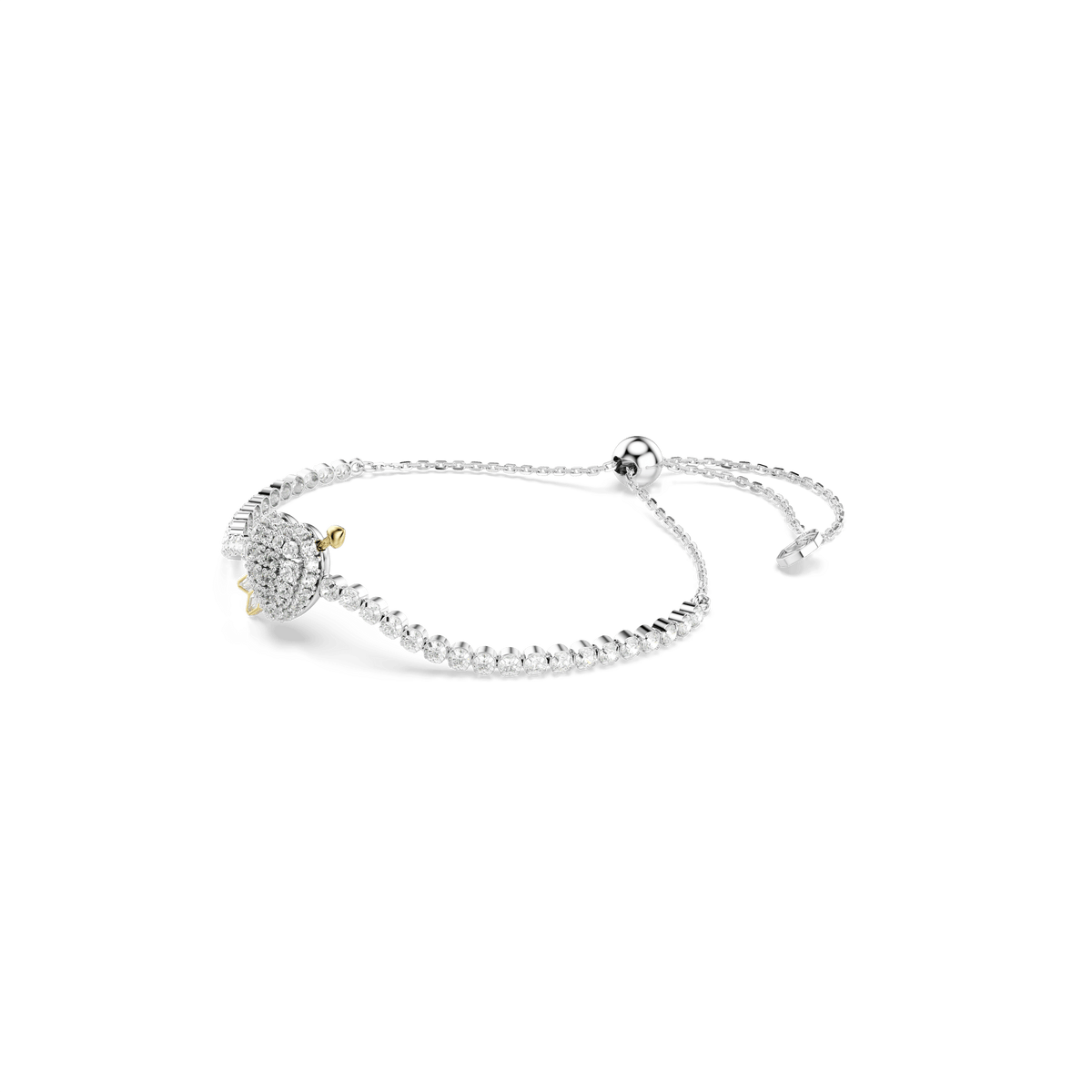 A delicate Swarovski Idyllia bracelet featuring a heart with arrow motif in mixed cuts and an adjustable rhodium plated chain, displayed on a white background.