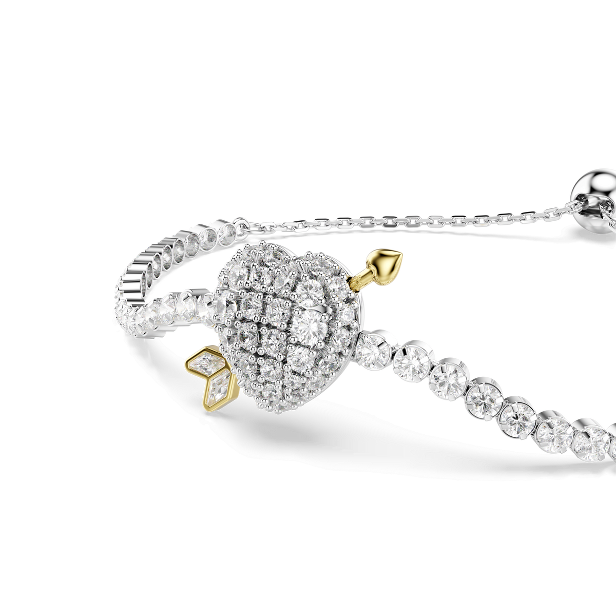 Introducing the Swarovski Idyllia bracelet—a captivating accessory from Swarovski. This elegant piece showcases a rhodium-plated chain adorned with mixed-cut white stones and features a heart motif pierced by a graceful gold-tone arrow at its center, creating a romantic and timeless look.