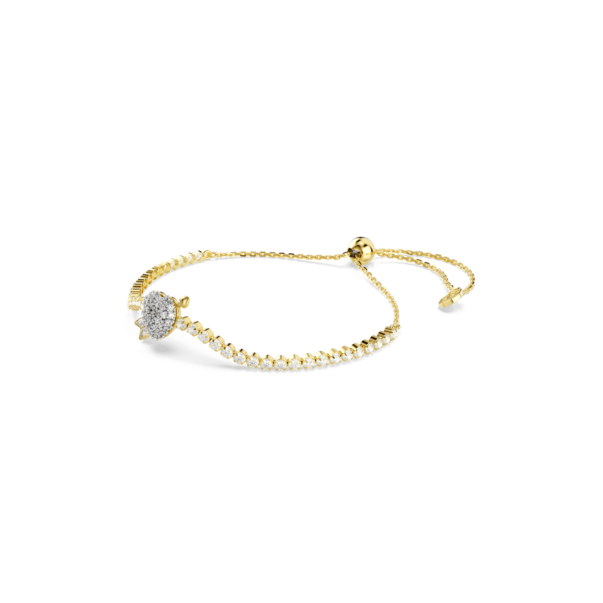 The Swarovski Idyllia bracelet features a heart with an arrow motif crafted from mixed-cut, sparkling white stones set in an elegant 18K gold finish. Beautifully designed by Swarovski, the bracelet is presented against a plain white background.