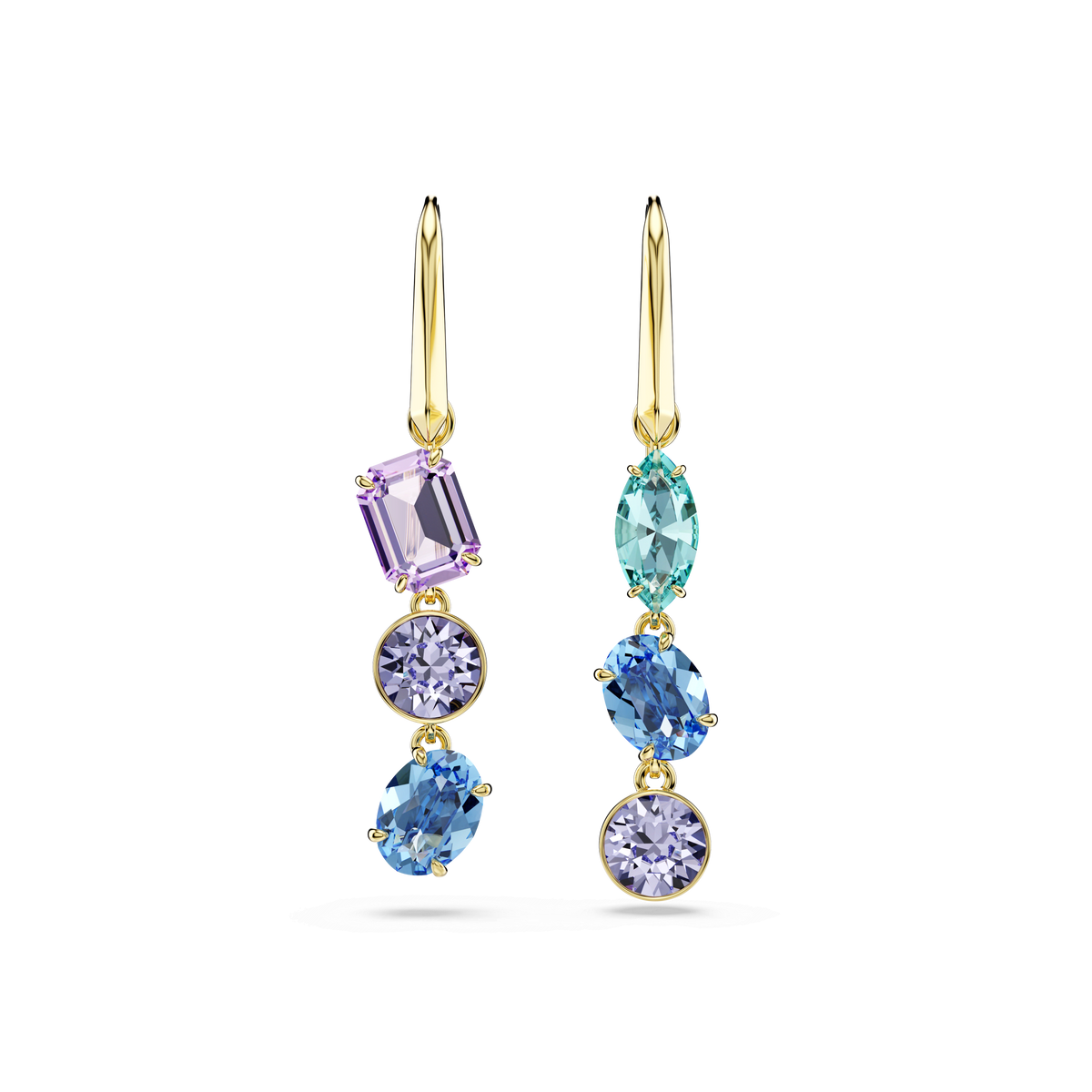 Introducing the Swarovski Gema drop earrings – an asymmetrical design by Swarovski, featuring mixed-cut gemstones in vibrant purple, blue, and green hues arranged in a striking vertical sequence, all elegantly finished with 18K gold.