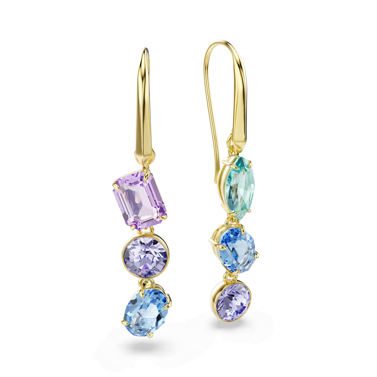 Swarovski Gema drop earrings feature an asymmetrical design with mixed-cut, multicolored gemstones—each earring showcasing violet, light blue, and aqua stones set in elegant bezel and prong settings with an 18K gold finish. Presented on a white background, these crystal earrings are a stunning piece from Swarovski.