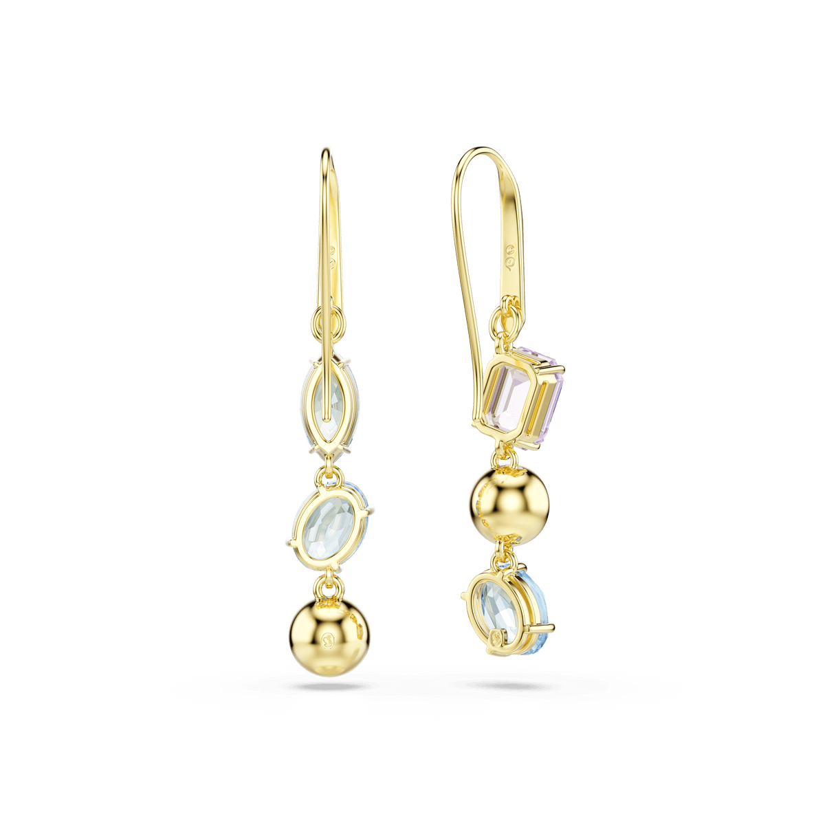 Swarovski Gema drop earrings, featuring an asymmetrical design with mixed cuts in multicolored gemstones, beautifully finished in elegant 18K gold by Swarovski, are showcased against a plain white background.