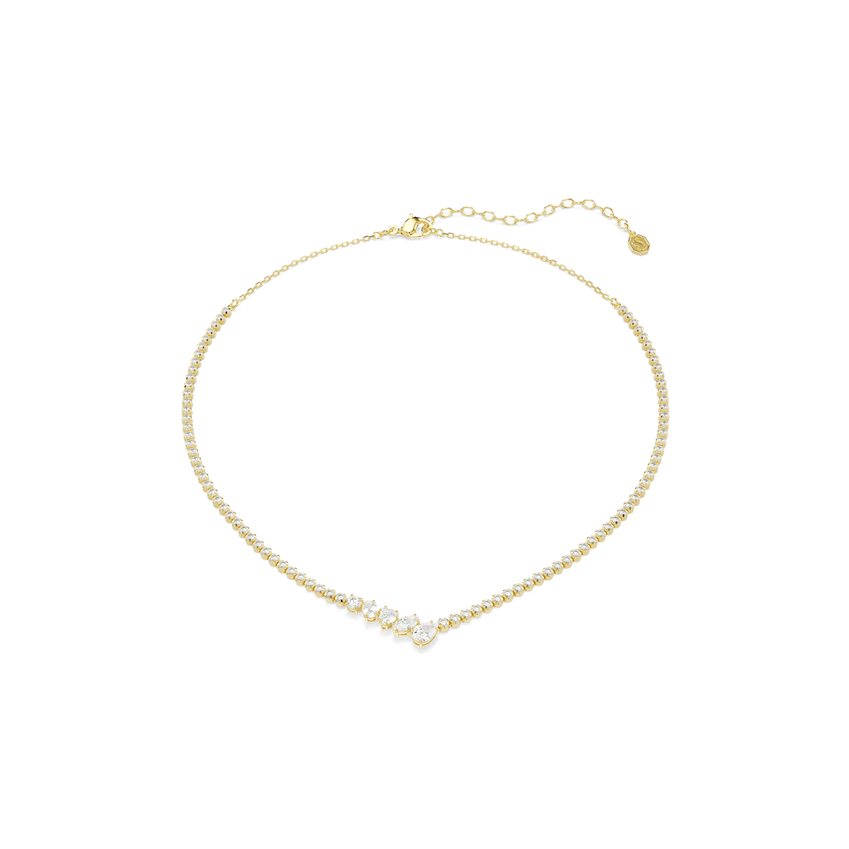 The Swarovski Mesmera necklace, crafted with an 18K gold finish, features an elegant design of mixed-cut white Swarovski Zirconia clustered at the center and a delicate adjustable chain with a branded tag—making this Swarovski piece the perfect way to add a touch of elegance to any outfit.