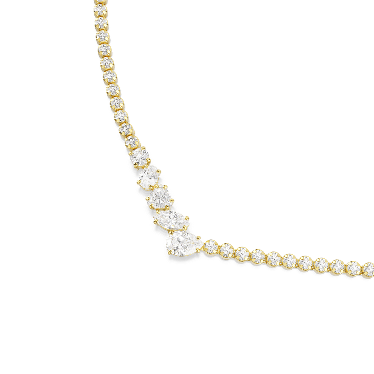 Close-up of the Swarovski Mesmera necklace, featuring mixed-cut white Swarovski Zirconia gemstones in a graduated design with an 18K gold finish, showcased against a white background.