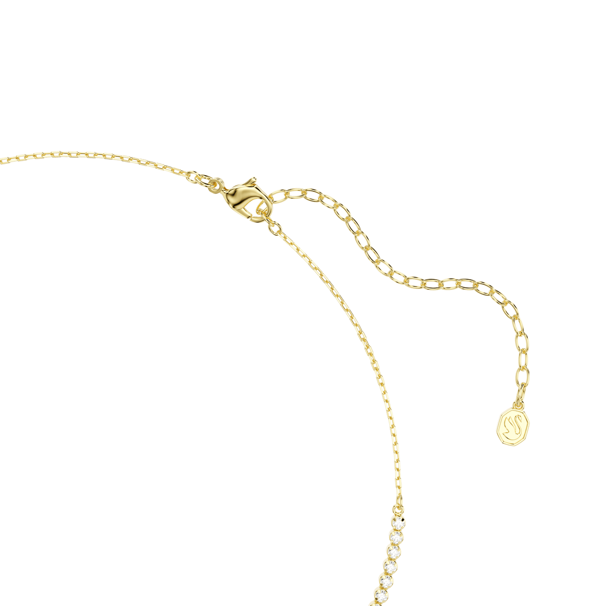 Featuring Swarovski’s Mesmera necklace, this exquisite piece showcases mixed-cut white stones set in an 18K gold finish. Designed with a lobster clasp and adjustable extension adorned with a delicate round charm, it radiates everyday elegance—an eye-catching accessory from Swarovski against a pristine white backdrop.