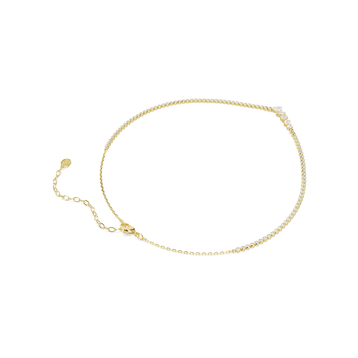 An elegant Swarovski Mesmera necklace with mixed-cut white Swarovski Zirconia gemstones and an 18K gold finish is showcased against a pristine white background, highlighting its dazzling beauty.