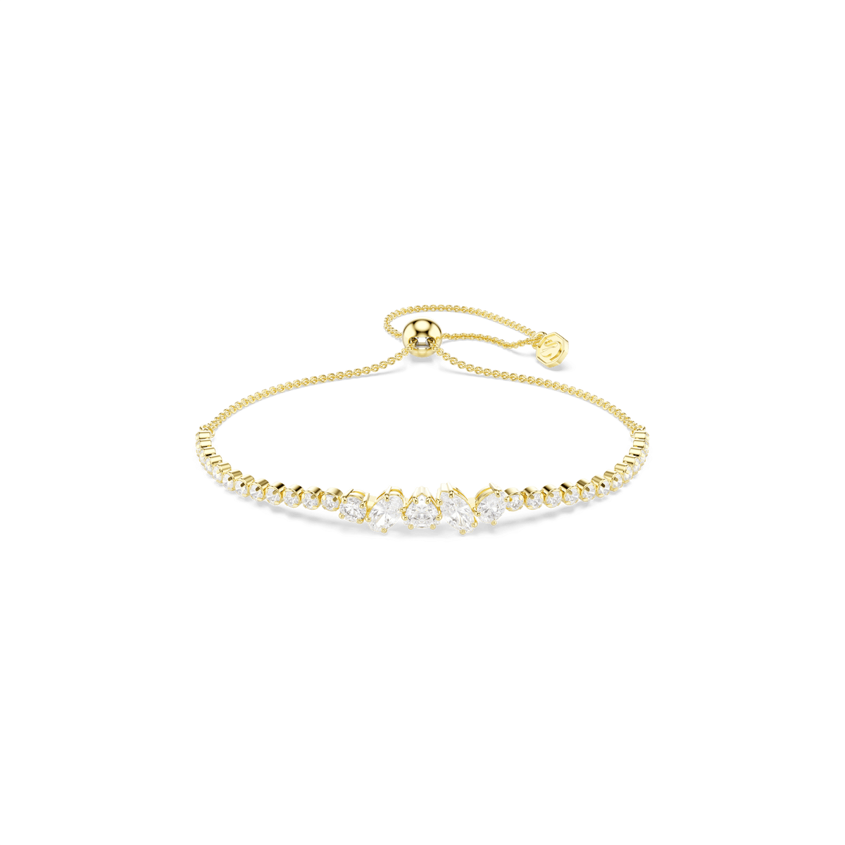 Introducing the Swarovski Mesmera bracelet by Swarovski, featuring mixed-cut white Swarovski Zirconia elegantly set at the center and finished in 18K gold. This shimmering adjustable bracelet, complete with a sliding clasp, beautifully exudes modern sophistication and is showcased against a plain white background.