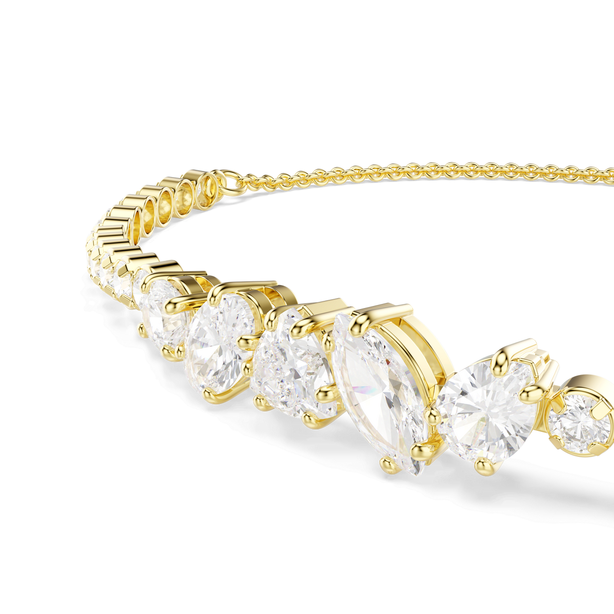 A close-up of the Swarovski Mesmera bracelet by Swarovski, showcasing a continuous line of shimmering mixed-cut clear gemstones—including round, marquise, and pear shapes—crafted from sparkling Swarovski Zirconia and elegantly set in an 18K gold finish for a look of modern sophistication.