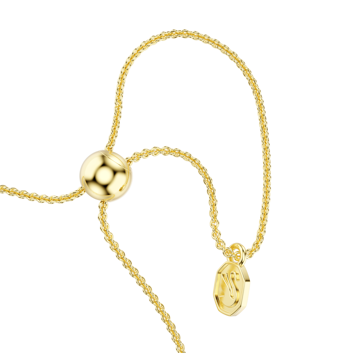 Displayed on a white background, the Swarovski Mesmera bracelet by Swarovski exudes modern sophistication with its adjustable 18K gold finish chain, round slider bead, and delicate hexagonal charm. Adorned with mixed-cut Swarovski Zirconia, this shimmering bracelet offers an elegant sparkle and refined design.