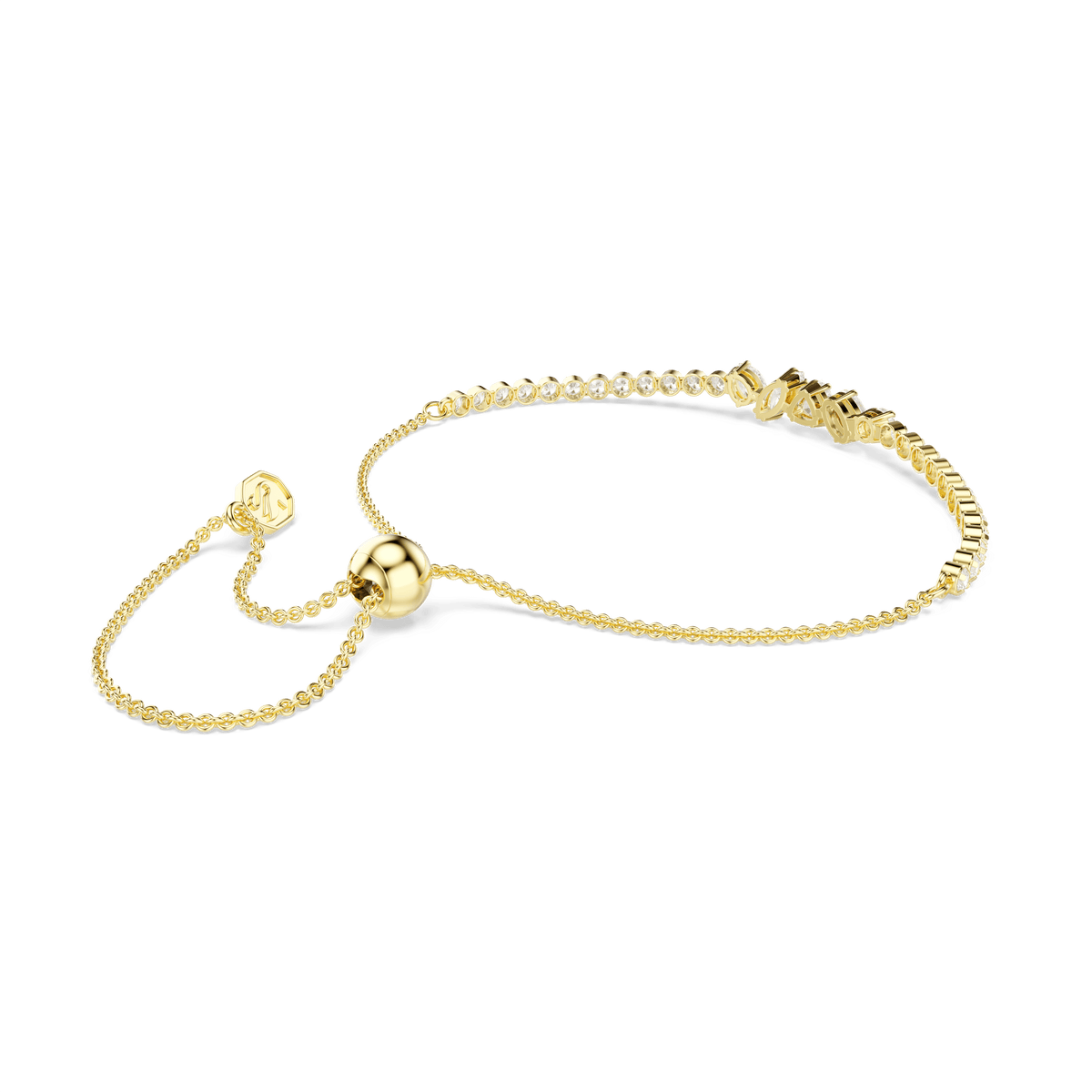 The Swarovski Mesmera bracelet by Swarovski features a delicate 18K gold finish, an adjustable design with a sliding clasp, and is adorned with mixed-cut white crystals as well as a row of shimmering geometric gold beads. This sophisticated piece is beautifully displayed against a plain white background.