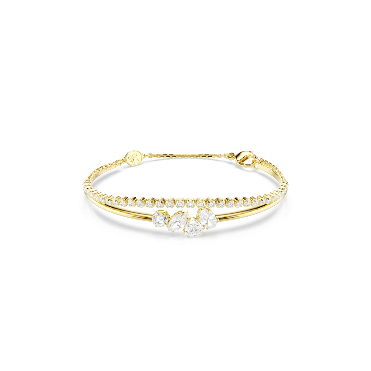 Introducing the Swarovski Mesmera bracelet by Swarovski. This stunning piece features an 18K gold finish and a two-row design: one row adorned with small, sparkling white Swarovski Zirconia, and a second smooth gold band. At the center, a cluster of mixed-cut stones creates an eye-catching focal point. Beautifully displayed on a white background, this bracelet is perfect for those seeking standout jewelry with sophisticated style.