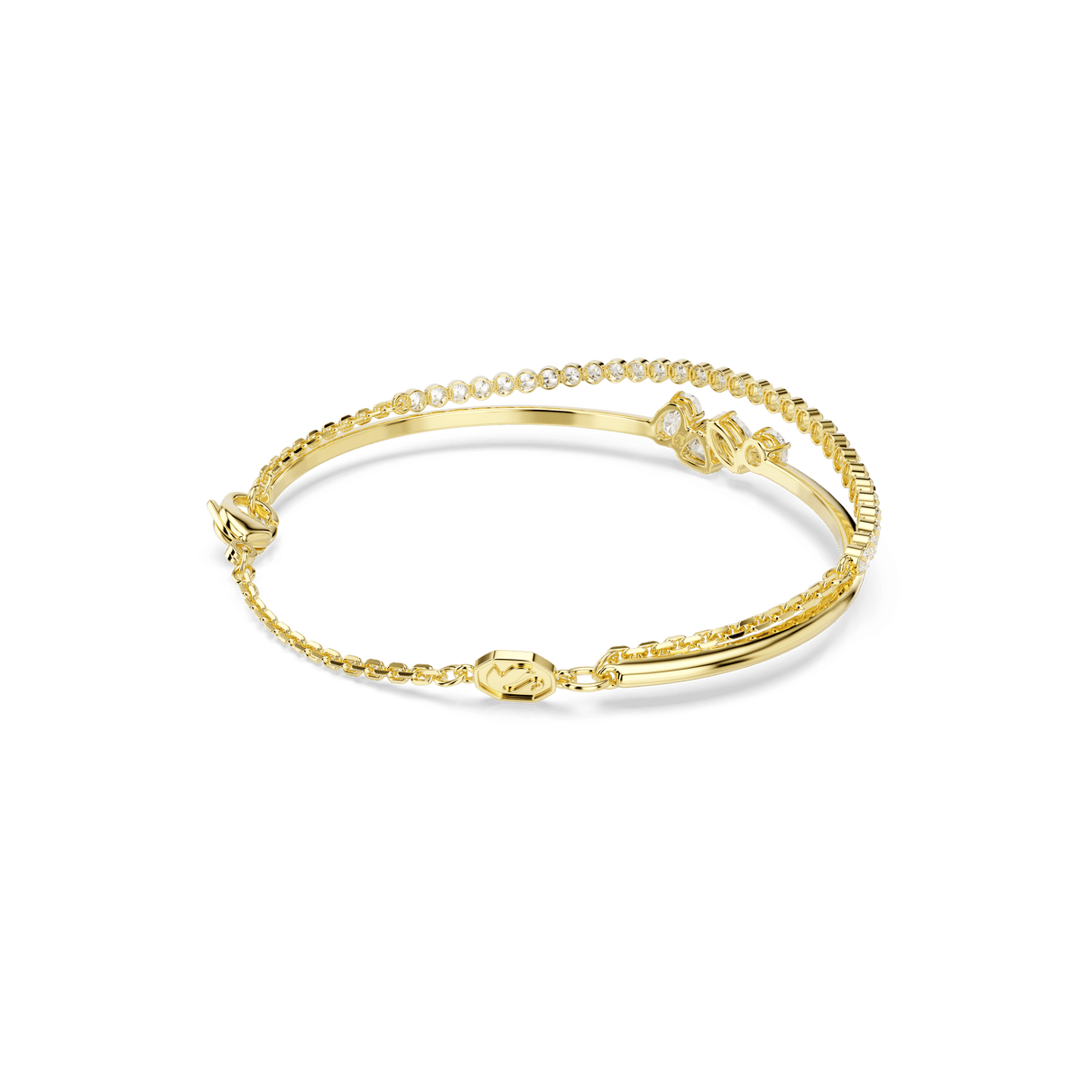 The Swarovski Mesmera bracelet by Swarovski features mixed-cut sparkling stones and an 18K gold finish, elegantly displayed on a plain white background—an eye-catching jewelry piece perfect for any occasion.