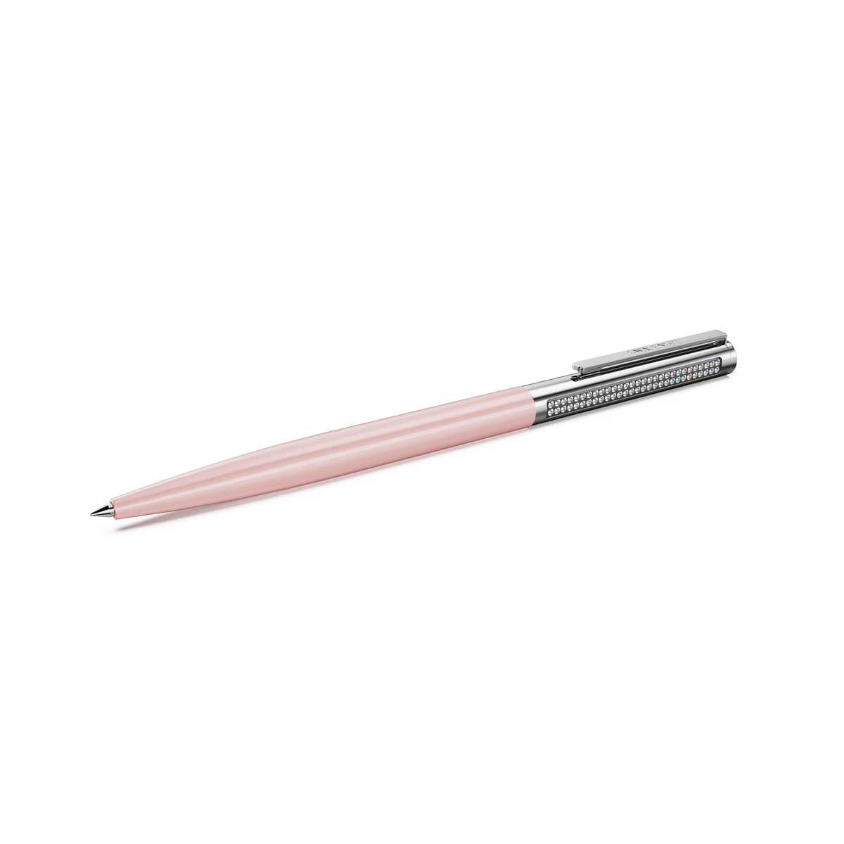A Swarovski Matrix Tennis ballpoint pen in pink lacquer with chrome-plated accents and sparkling Aurora Boreale crystals, featuring a shiny silver clip and decorative dots on the cap, is displayed against a plain white background.