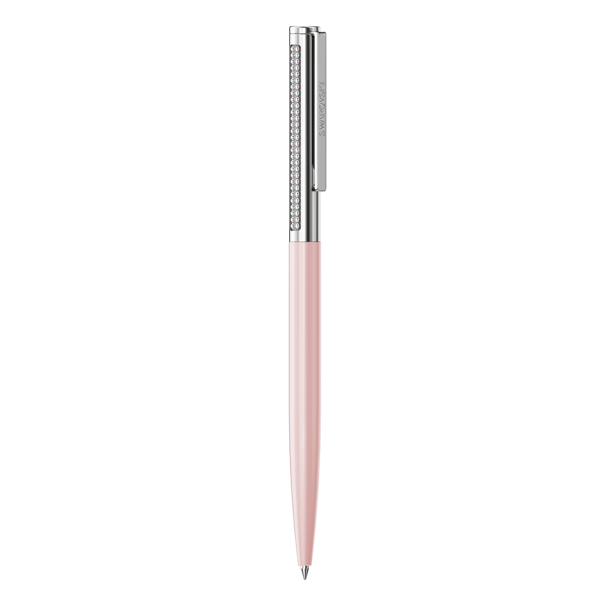 The Swarovski Matrix Tennis ballpoint pen by Swarovski features a pink lacquered body with a chrome-plated top and clip, accented by a row of decorative Aurora Boreale crystals on the upper section. The pen is displayed upright against a plain white background.