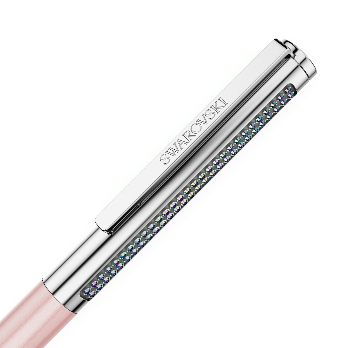 A close-up of the Swarovski Matrix Tennis ballpoint pen, featuring a pink lacquered body and a chrome-plated finish, adorned with glittering crystals along the silver clip and “SWAROVSKI” engraved on the metal near the top.
