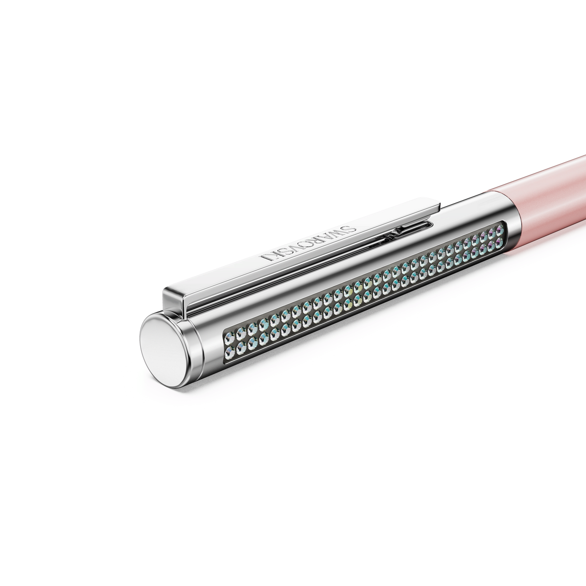 The Swarovski Matrix Tennis ballpoint pen by Swarovski features a sleek pink lacquered barrel with chrome-plated accents and two rows of sparkling Aurora Boreale crystals, complete with a practical clip, set against a white background.