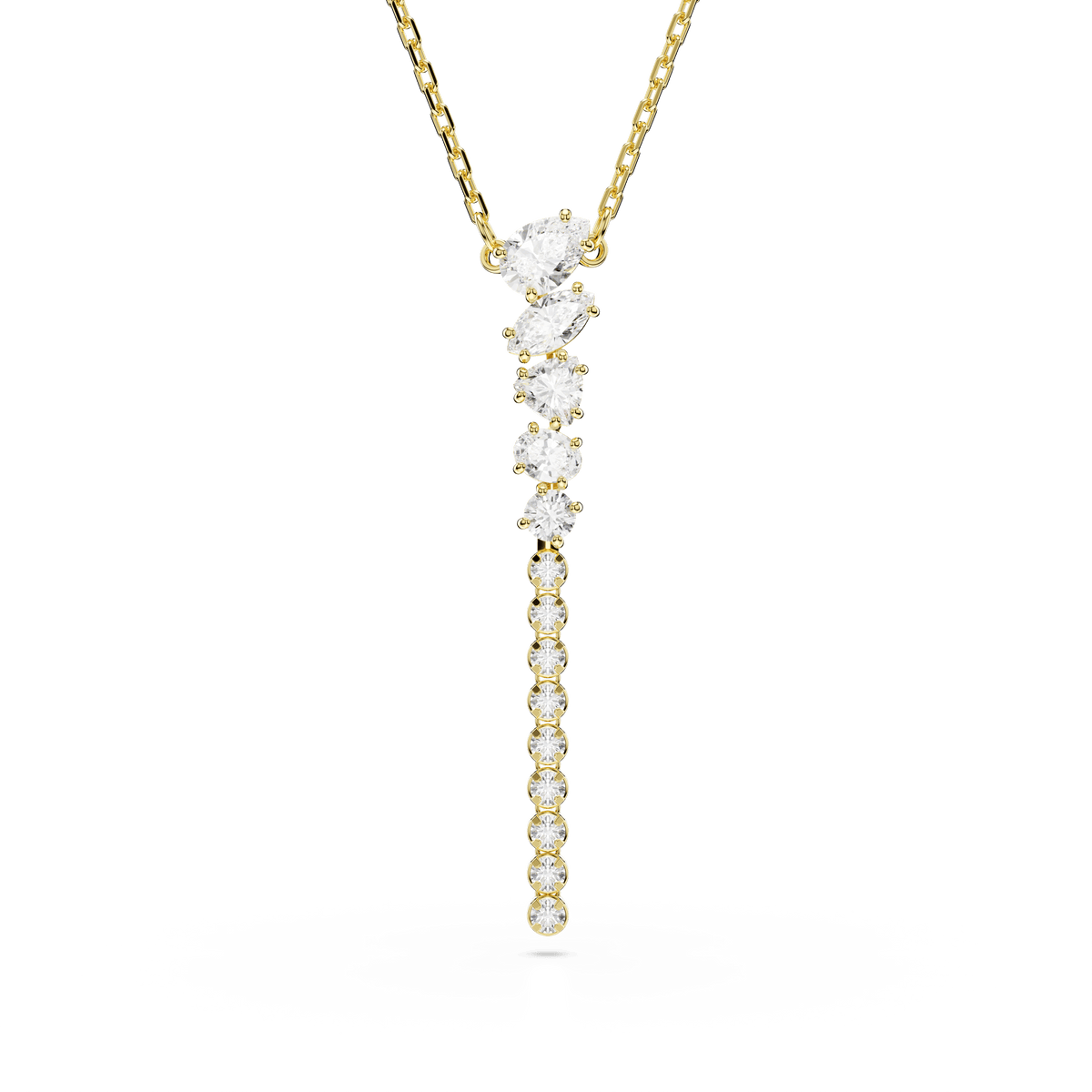 The Swarovski Mesmera Y necklace by Swarovski features a vertical pendant adorned with a row of sparkling round and marquise-cut white stones, arranged from largest to smallest, all set in an elegant 18K gold finish—perfect for making an elegant statement. Photographed against a plain white background.