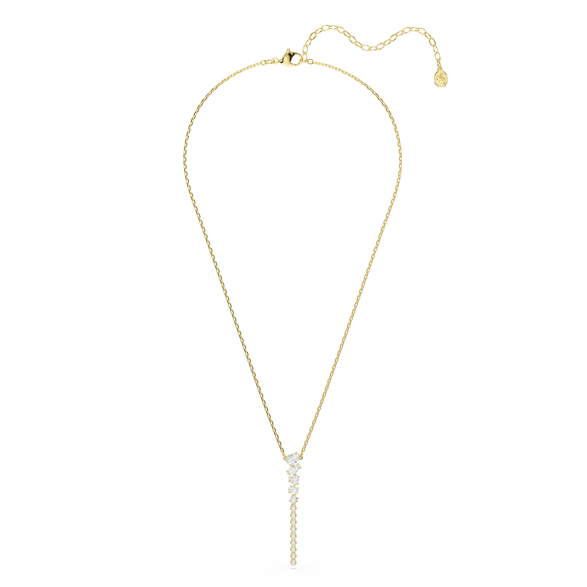 The Swarovski Mesmera Y necklace features a delicate chain with a vertical drop pendant adorned with mixed-cut, sparkling white crystals and finished in 18K gold. Displayed on a plain white background, this statement jewelry piece from Swarovski is perfect for any occasion.