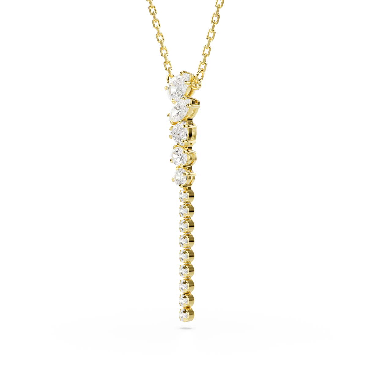 The Swarovski Mesmera Y necklace features mixed-cut white crystals arranged in a vertical pendant on a delicate 18K gold-finished chain—a striking piece of statement jewelry for any occasion.