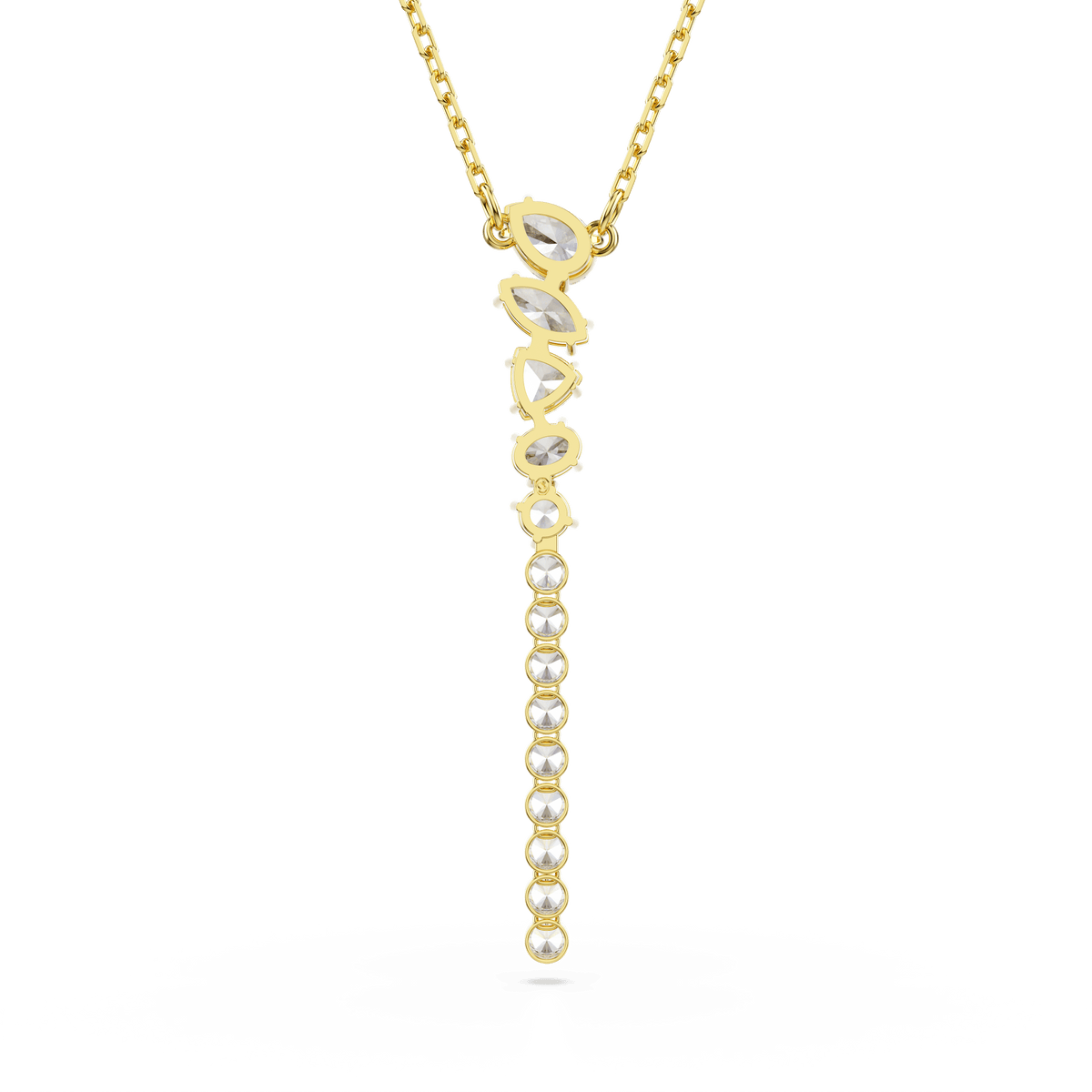 Introducing the Swarovski Mesmera Y necklace: This elegant piece features a vertical pendant adorned with mixed-cut white stones and a decorative design at the top, all suspended from a fine 18K gold finish chain. With its modern silhouette and sparkling details, this statement necklace from Swarovski is perfect for those who appreciate refined yet eye-catching jewelry. Shown on a white background.