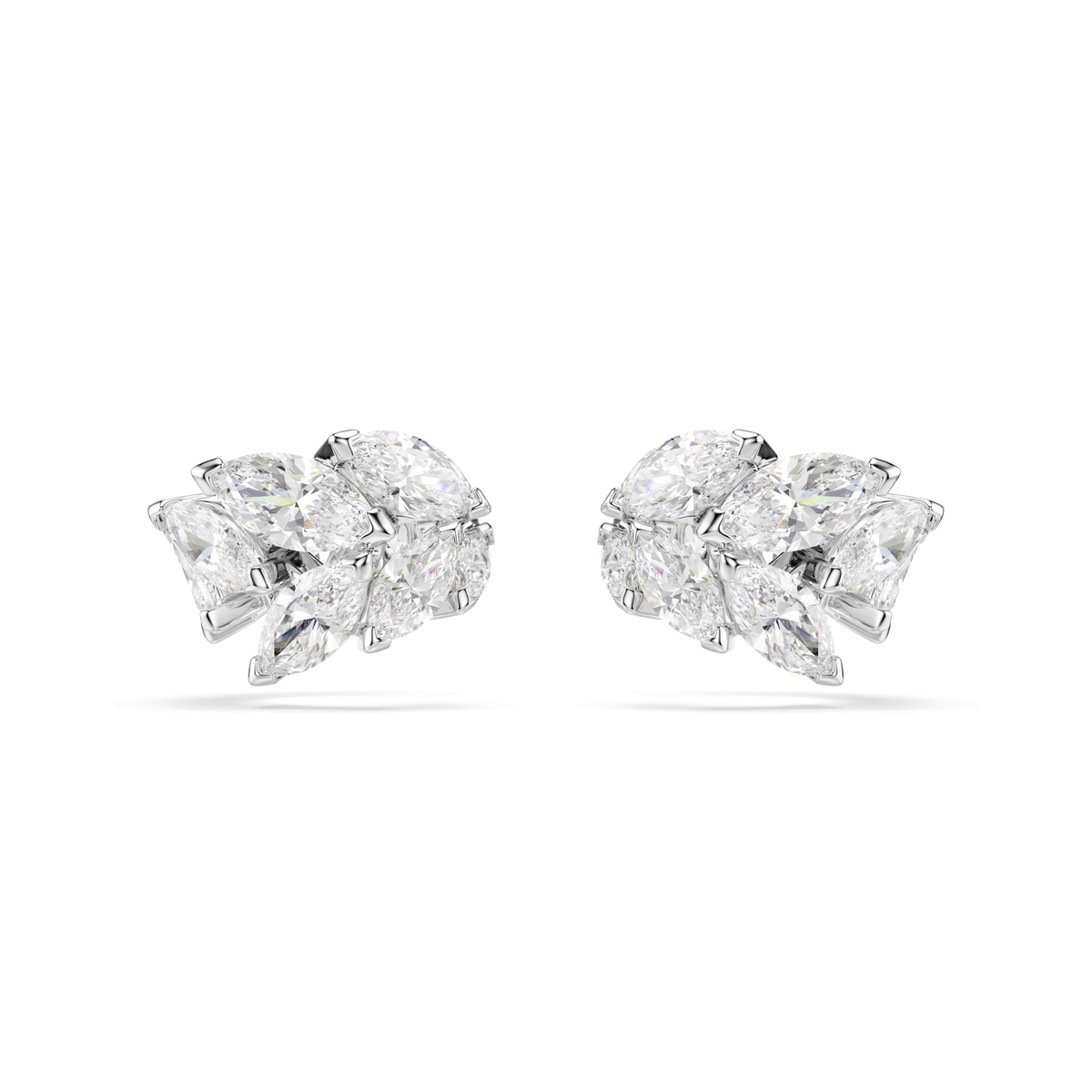 A pair of Swarovski Mesmera ear cuffs in white, featuring marquise-cut Swarovski Zirconia arranged in a leaf-like cluster design and finished with rhodium plating, displayed on a plain white background.