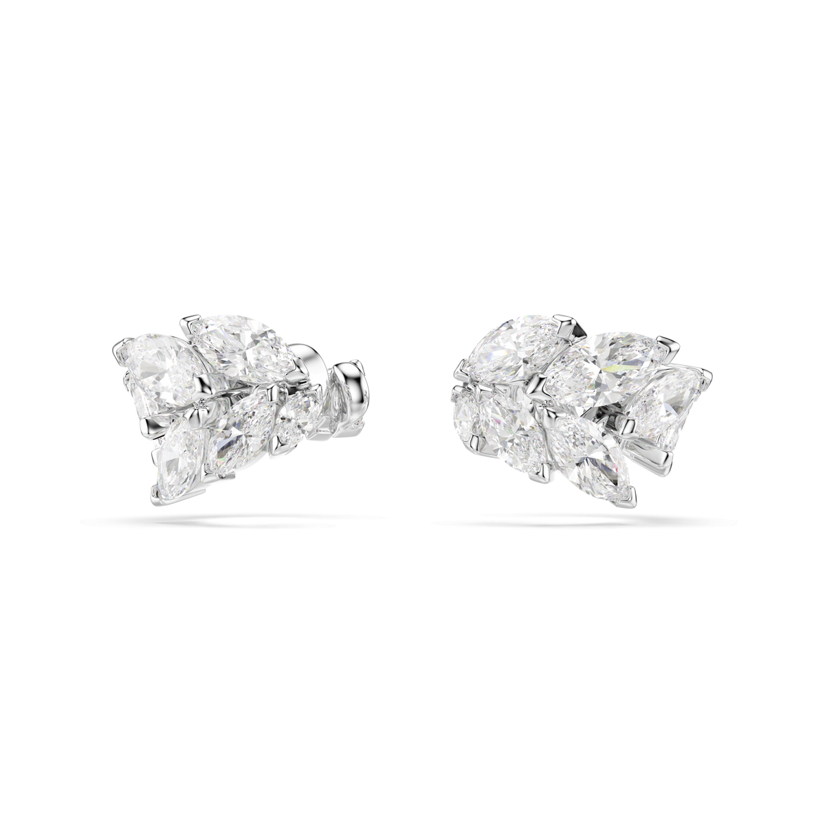 A pair of Swarovski Mesmera ear cuffs, crafted in rhodium-plated white gold and featuring multiple marquise-cut Swarovski Zirconia in a clustered leaf-like design, displayed against a plain light background.