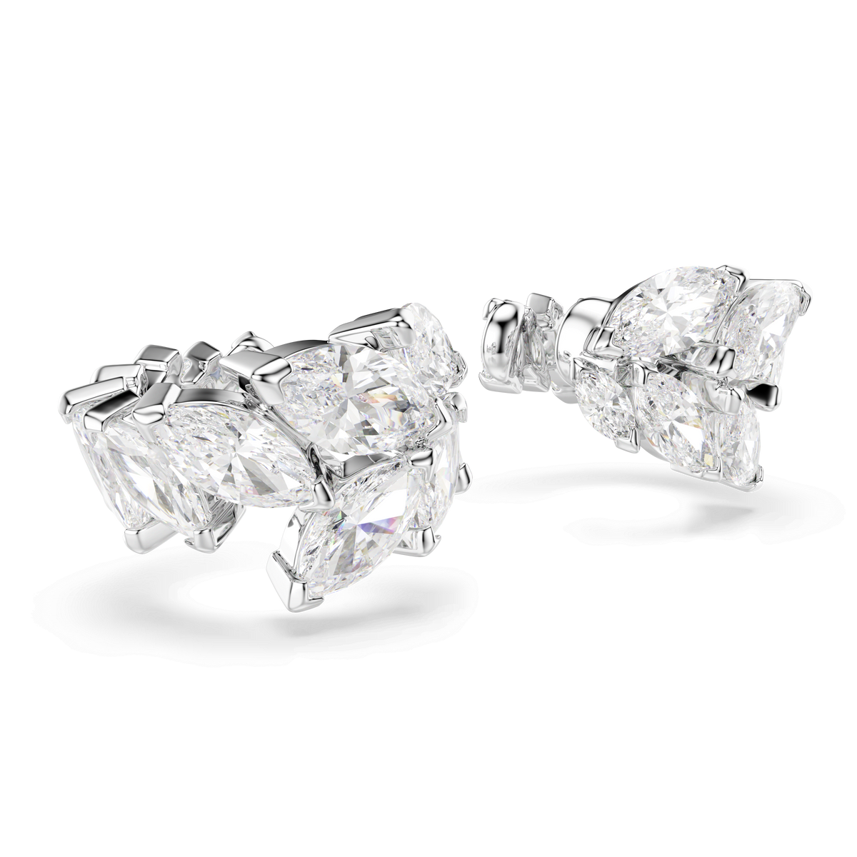 A pair of Swarovski Mesmera ear cuffs featuring marquise-cut white Swarovski Zirconia gemstones set in a rhodium plated finish, displayed on a white background. Perfect for pairing with other pieces from the Mesmera jewelry collection.