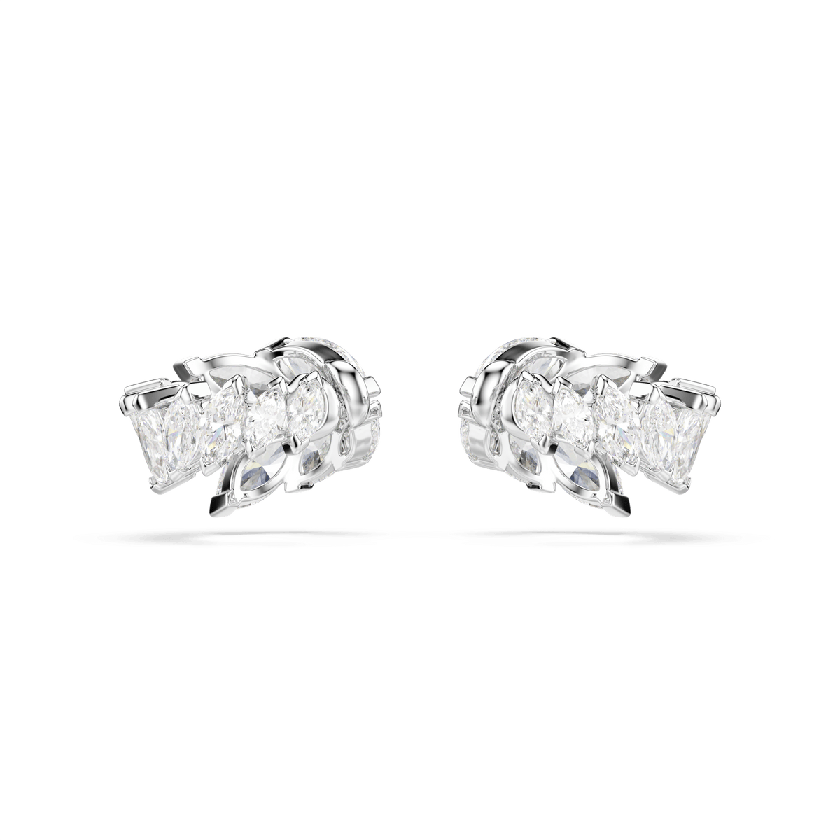 Pair of Swarovski Mesmera ear cuffs, featuring marquise-cut clear Swarovski Zirconia gemstones and finished in rhodium plating, elegantly displayed against a plain white background.