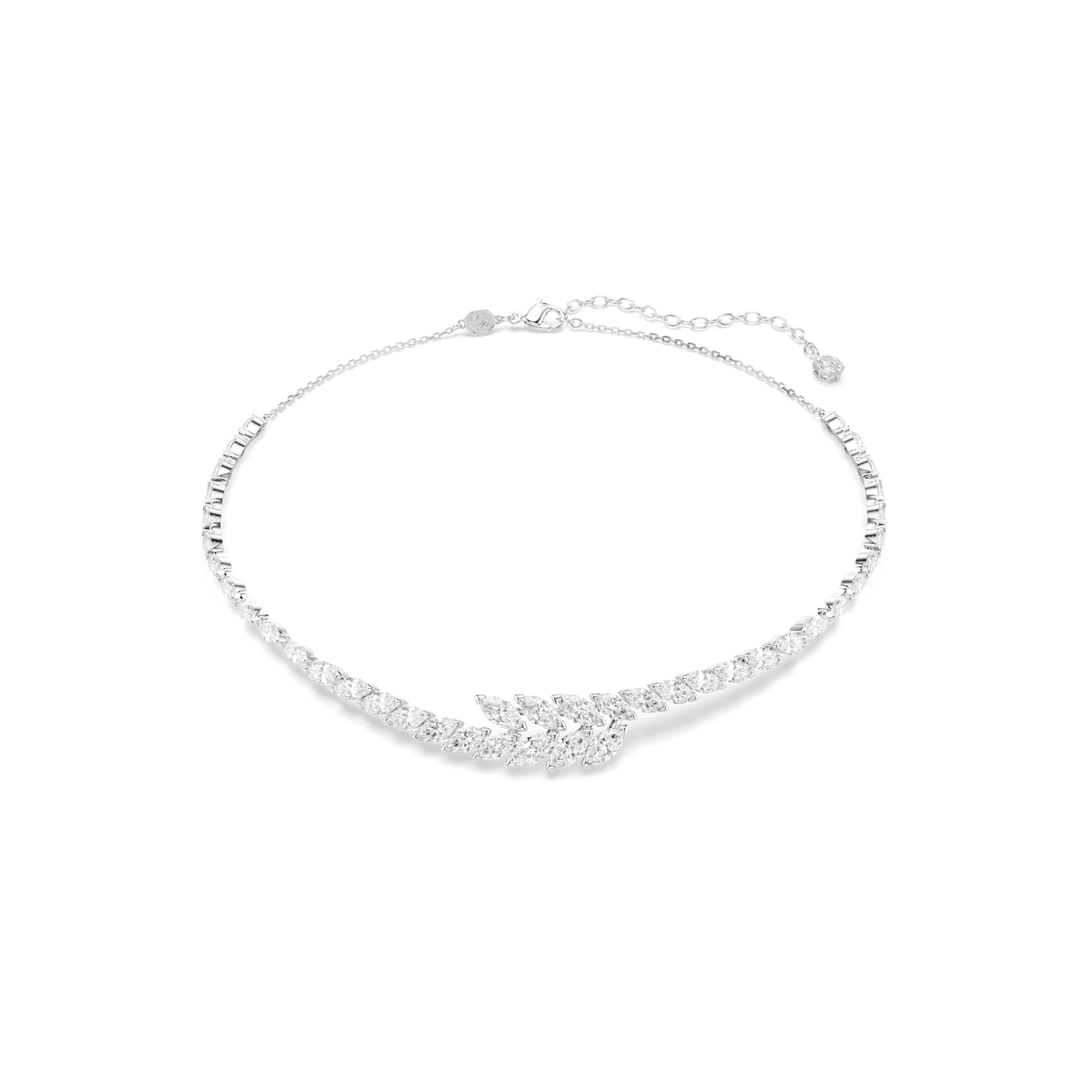Adorned with shimmering Swarovski Zirconia accents and a central leaf-shaped cluster, this delicate silver bracelet features an adjustable chain and clasp for a perfect fit. Elegantly designed on a crisp white background, it beautifully complements the Swarovski Mesmera necklace, Marquise cut, White, Rhodium plated for a sophisticated layered look.