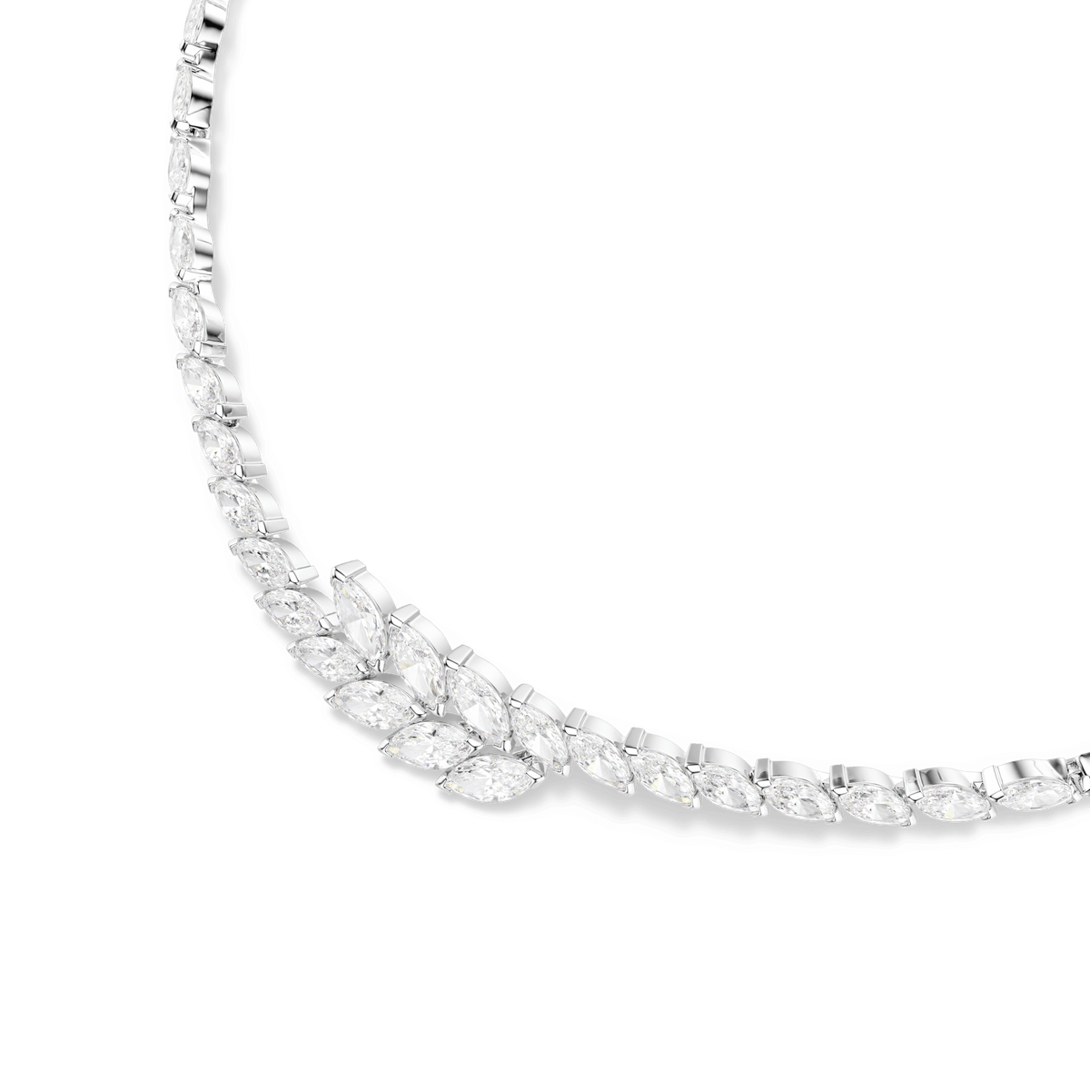 A close-up of the Swarovski Mesmera necklace showcases a row of marquise-cut white Swarovski Zirconia gemstones arranged in a floral pattern, set on a rhodium plated design. The piece is displayed against a plain white background.