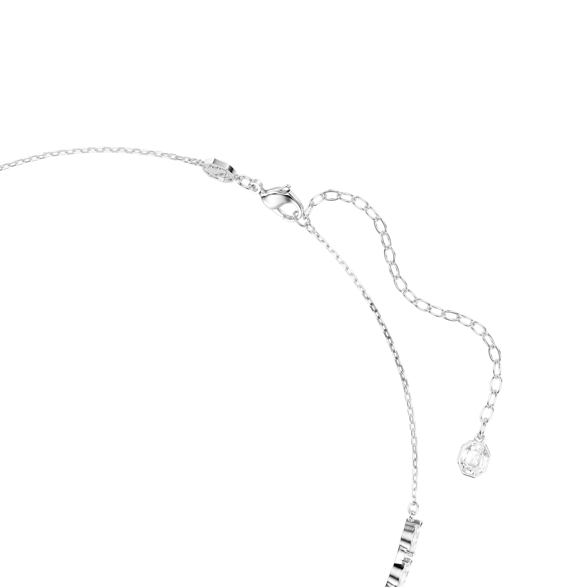 Rhodium plated Swarovski Mesmera necklace featuring a marquise-cut white stone, adjustable chain, and lobster clasp. The background is plain white.
