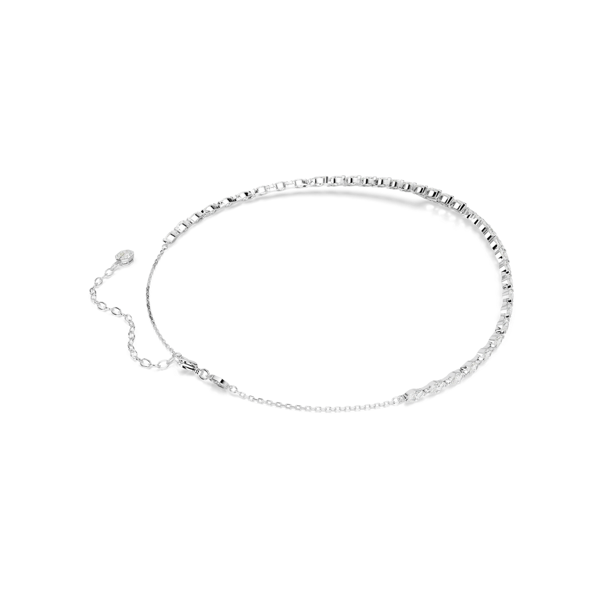 A stunning Swarovski Mesmera necklace featuring marquise-cut white stones and a rhodium-plated finish, elegantly displayed on a plain white background.