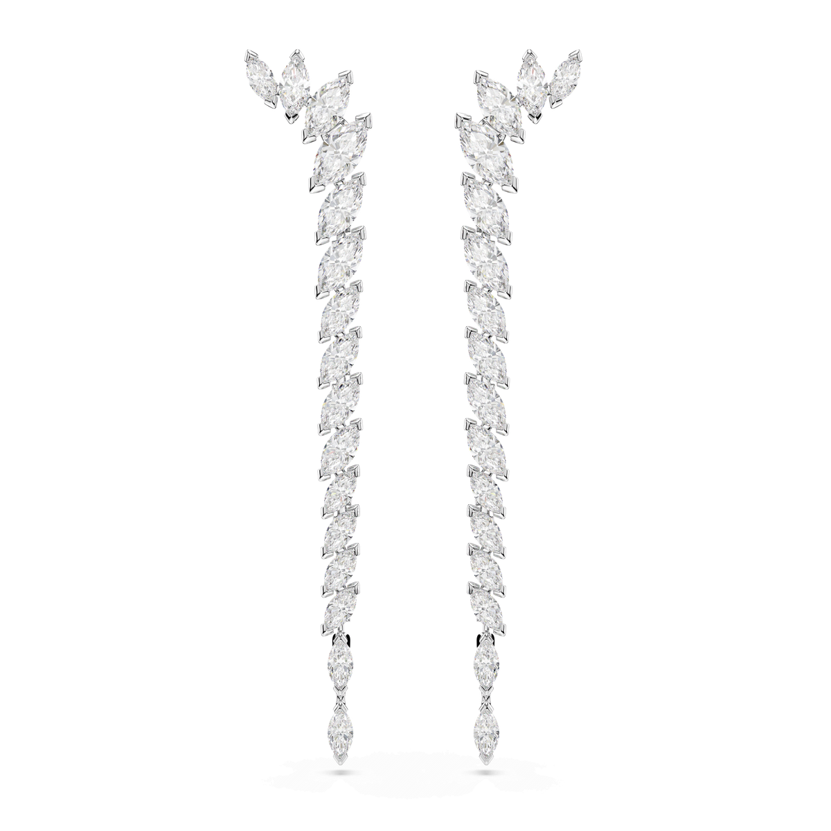 A pair of Swarovski Mesmera earrings featuring marquise-cut white crystals arranged in a zigzag pattern and set in rhodium-plated metal, displayed on a plain white background.