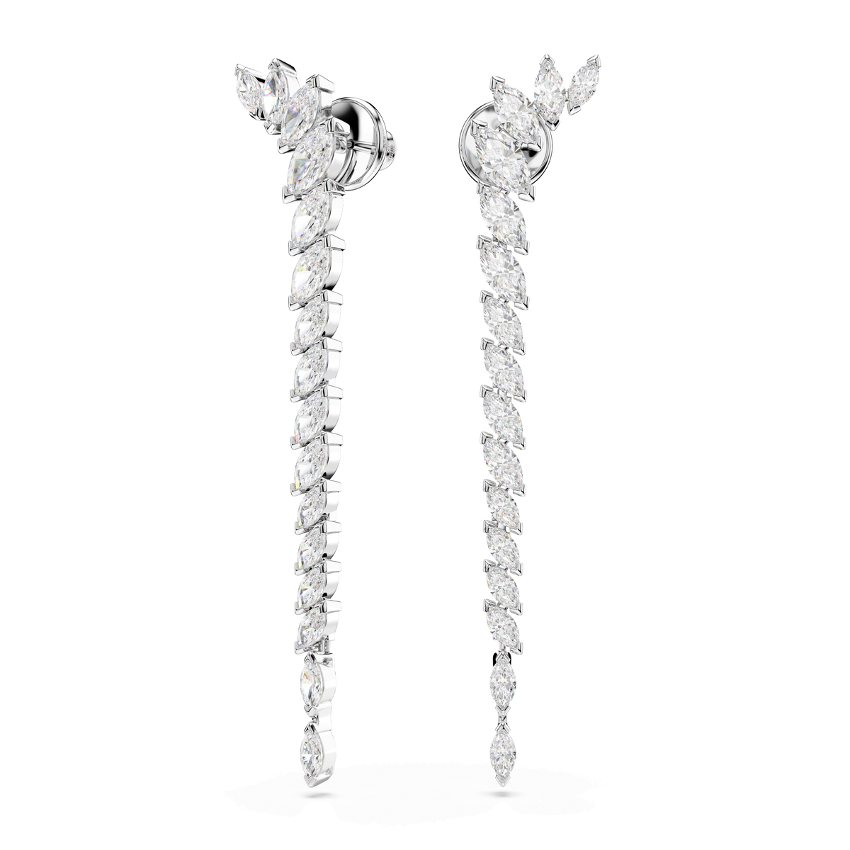 A pair of Swarovski Mesmera earrings, crafted with marquise-cut white Swarovski Zirconia and finished in rhodium plating, showcases a graceful, slightly curved leaf-inspired design—an eye-catching addition to any jewelry collection. Displayed against a white background for a striking presentation.