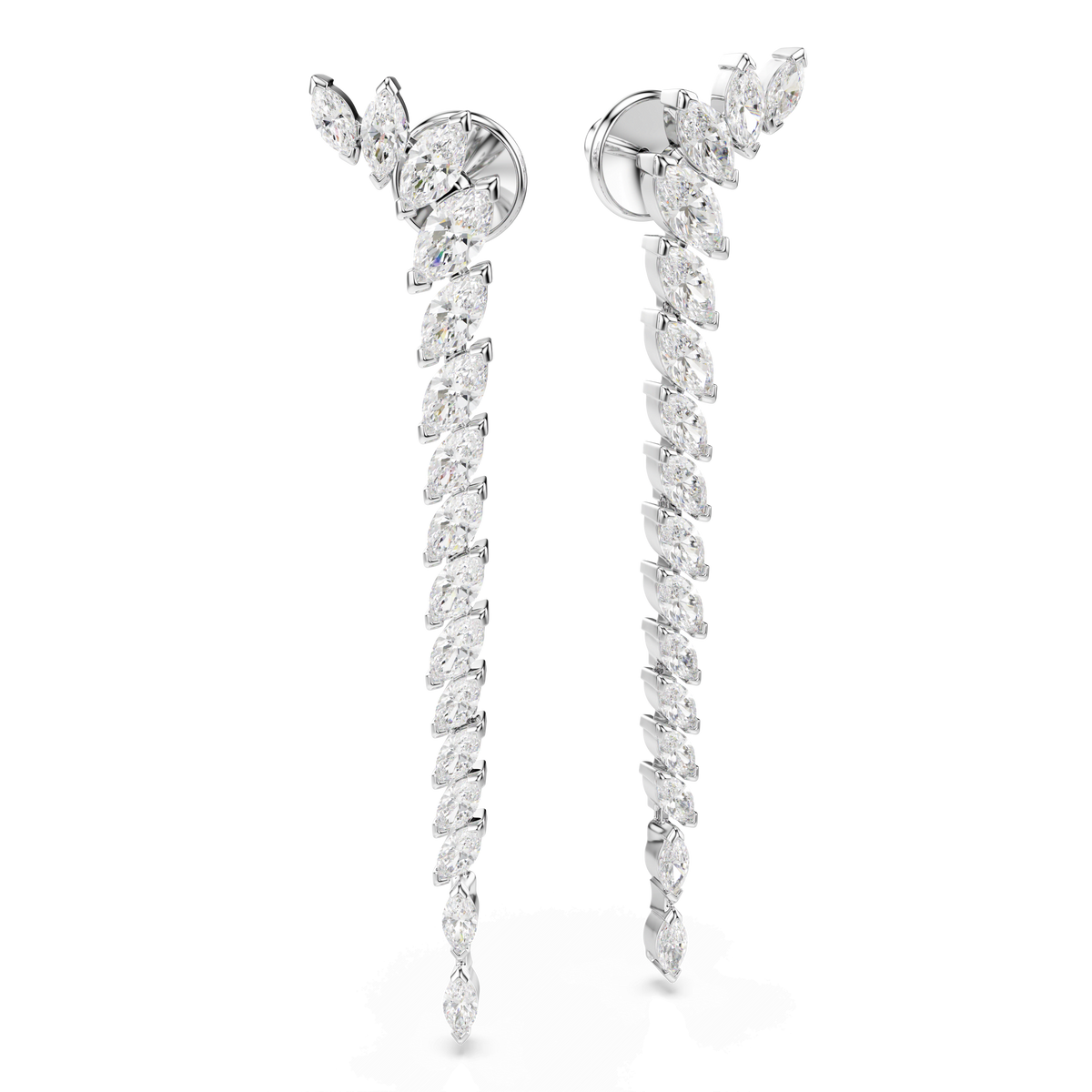 Elevate your look with the Swarovski Mesmera earrings by Swarovski, featuring a captivating spiral design adorned with multiple marquise-cut white stones. Expertly crafted in rhodium-plated metal and set with sparkling Swarovski Zirconia, these long strand statement earrings are elegantly photographed against a white background, making them an eye-catching accessory for any occasion.