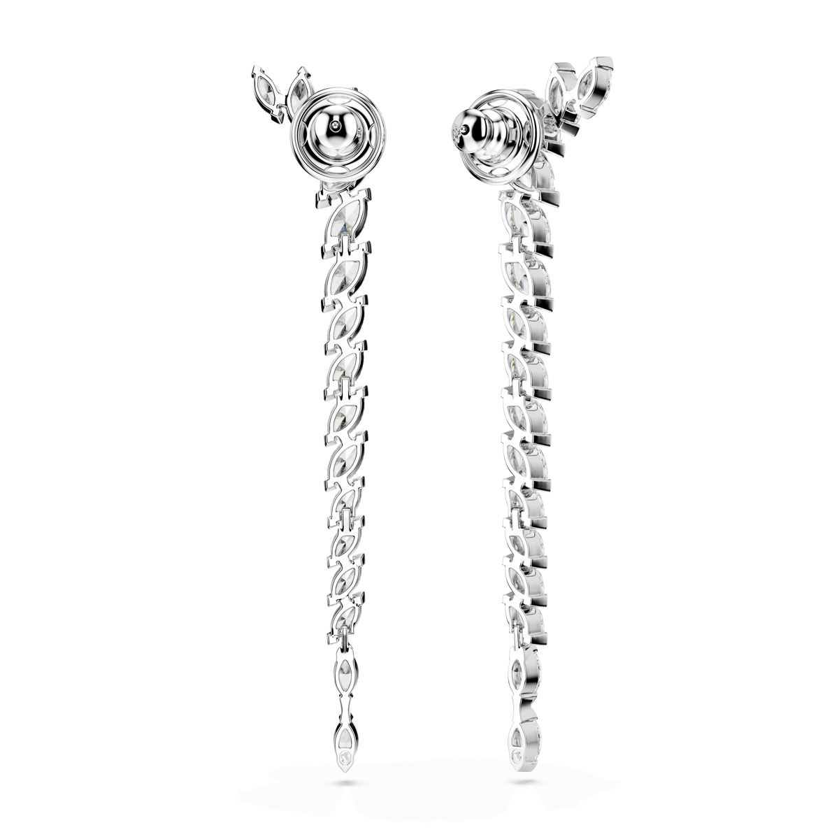 The Swarovski Mesmera earrings by Swarovski feature a sophisticated marquise cut and are finished with radiant white stones and rhodium plating. These elegant long strand earrings, displayed against a plain white background, showcase a delicate drop design with chain links, butterfly backs, and small decorative accents at the top—making them a striking statement piece of jewelry.